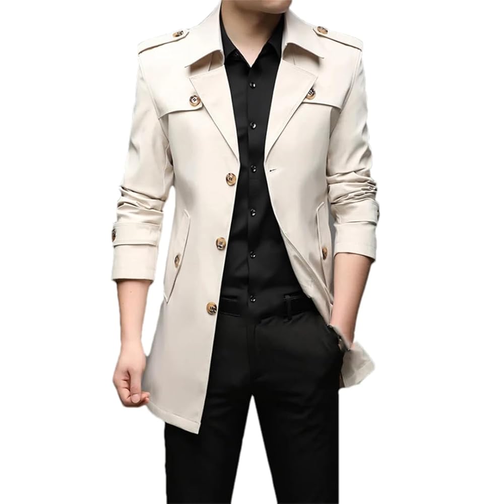 Men Spring Lapel Long Trench Coats Solid Color Single